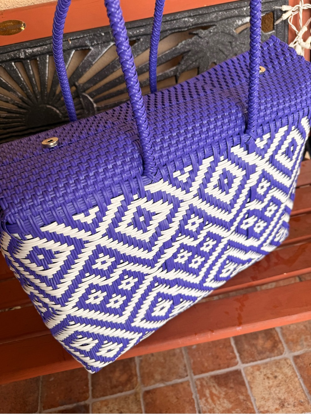 Woven Purple & White Tote Grocery, picnic, travel plastic, water resistant.